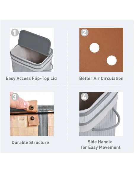 HOMCOM 70L Natural Wood Laundry Basket A Compartment w/Flip Lid Removable Lining Handles Board Base Foldable Durable Water-Resis