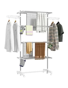 HOMCOM Four-Shelf Collapsing Clothes Horse, With Side Arms and Wheels - White