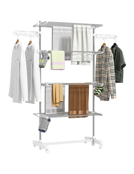 HOMCOM Four-Shelf Collapsing Clothes Horse, With Side Arms and Wheels - White