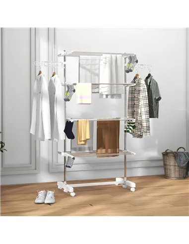 HOMCOM Four-Shelf Collapsing Clothes Horse, With Side Arms and Wheels - White