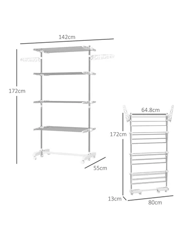 HOMCOM Four-Shelf Collapsing Clothes Horse, With Side Arms and Wheels - White