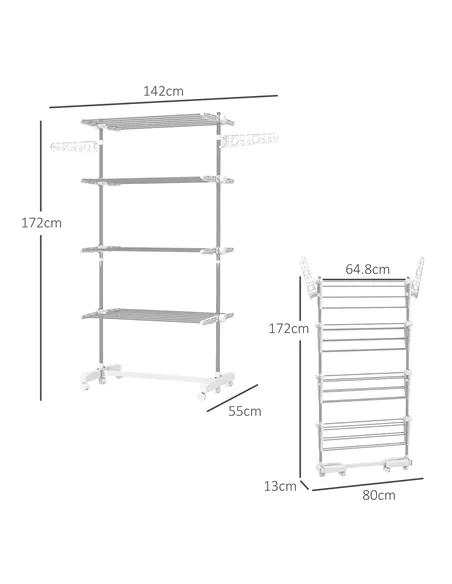 HOMCOM Four-Shelf Collapsing Clothes Horse, With Side Arms and Wheels - White