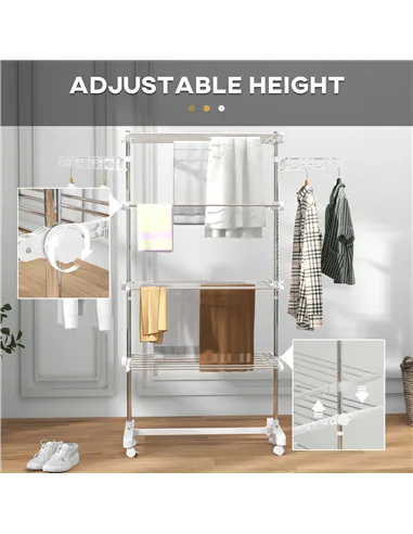 HOMCOM Four-Shelf Collapsing Clothes Horse, With Side Arms and Wheels - White