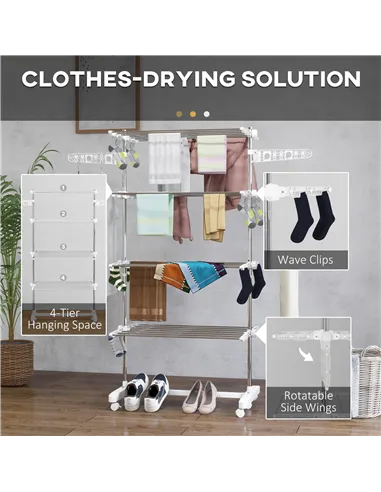 HOMCOM Four-Shelf Collapsing Clothes Horse, With Side Arms and Wheels - White