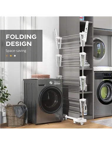 HOMCOM Four-Shelf Collapsing Clothes Horse, With Side Arms and Wheels - White