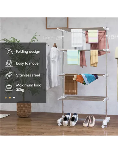 HOMCOM Four-Shelf Collapsing Clothes Horse, With Side Arms and Wheels - White