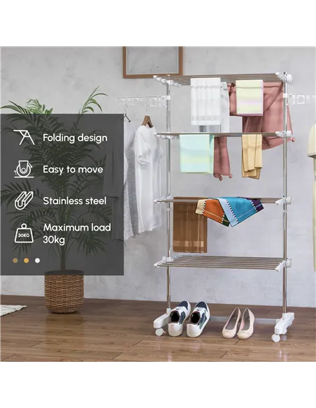 HOMCOM Four-Shelf Collapsing Clothes Horse, With Side Arms and Wheels - White