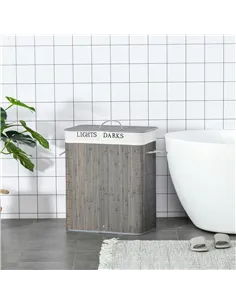 HOMCOM 100L Laundry Basket with Lid String Handles, 2 Section Collapsible Hamper Removable Lining Foldable Water-Resistant Dirty 2