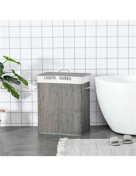 HOMCOM 100L Laundry Basket with Lid String Handles, 2 Section Collapsible Hamper Removable Lining Foldable Water-Resistant Dirty
