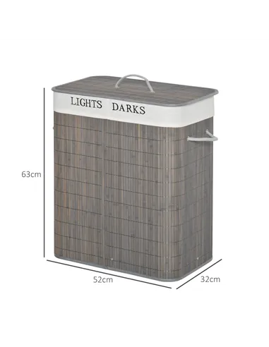 HOMCOM 100L Laundry Basket with Lid String Handles, 2 Section Collapsible Hamper Removable Lining Foldable Water-Resistant Dirty