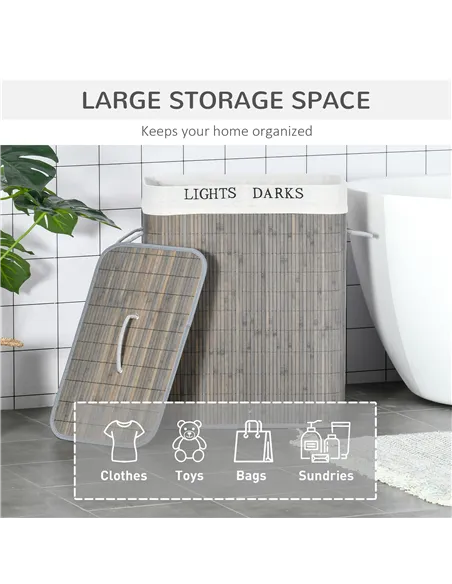 HOMCOM 100L Laundry Basket with Lid String Handles, 2 Section Collapsible Hamper Removable Lining Foldable Water-Resistant Dirty