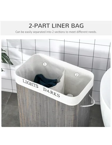 HOMCOM 100L Laundry Basket with Lid String Handles, 2 Section Collapsible Hamper Removable Lining Foldable Water-Resistant Dirty