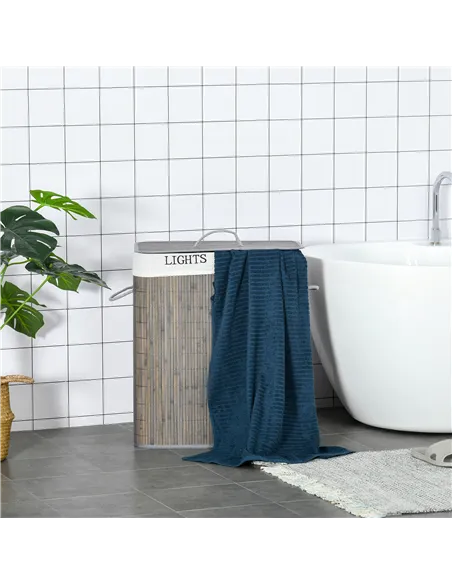 HOMCOM 100L Laundry Basket with Lid String Handles, 2 Section Collapsible Hamper Removable Lining Foldable Water-Resistant Dirty