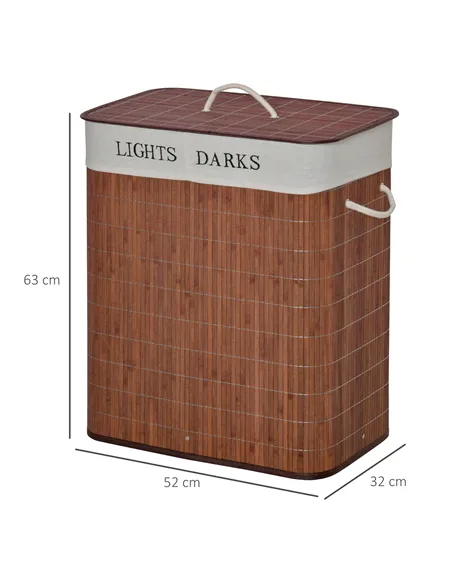 HOMCOM 100L Laundry Basket with Lid String Handles, 2 Section Collapsible Hamper Removable Lining Foldable Water-Resistant Dirty