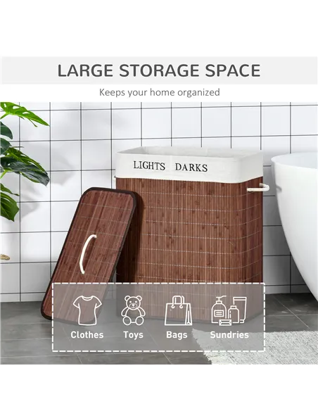 HOMCOM 100L Laundry Basket with Lid String Handles, 2 Section Collapsible Hamper Removable Lining Foldable Water-Resistant Dirty