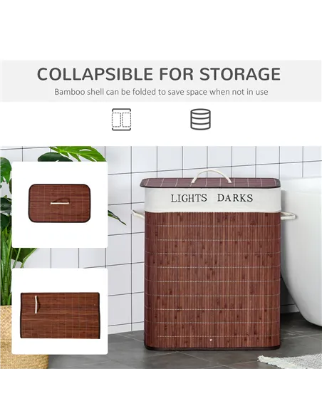 HOMCOM 100L Laundry Basket with Lid String Handles, 2 Section Collapsible Hamper Removable Lining Foldable Water-Resistant Dirty