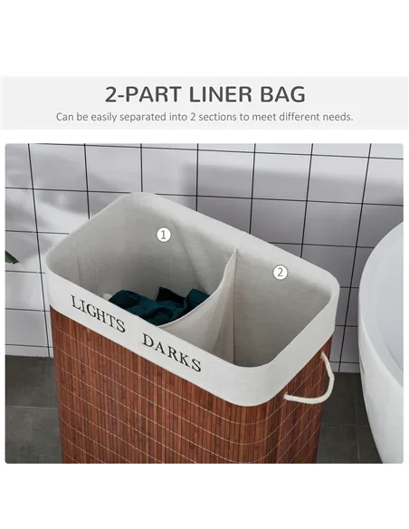 HOMCOM 100L Laundry Basket with Lid String Handles, 2 Section Collapsible Hamper Removable Lining Foldable Water-Resistant Dirty