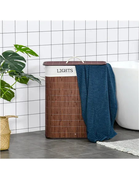 HOMCOM 100L Laundry Basket with Lid String Handles, 2 Section Collapsible Hamper Removable Lining Foldable Water-Resistant Dirty