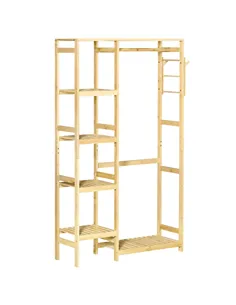 HOMCOM Bamboo Garment Rack, Clothes Rack with Storage Shelf, Hanging Rail and Side Hooks for Entryway, Bedroom, Bathroom and Off