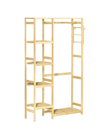 HOMCOM Bamboo Garment Rack, Clothes Rack with Storage Shelf, Hanging Rail and Side Hooks for Entryway, Bedroom, Bathroom and Off