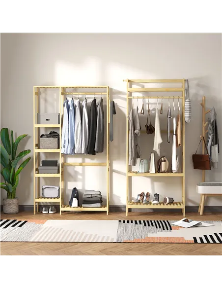 HOMCOM Bamboo Garment Rack, Clothes Rack with Storage Shelf, Hanging Rail and Side Hooks for Entryway, Bedroom, Bathroom and Off