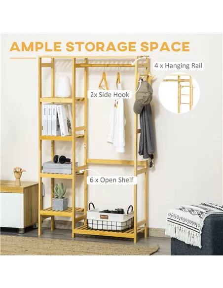 HOMCOM Bamboo Garment Rack, Clothes Rack with Storage Shelf, Hanging Rail and Side Hooks for Entryway, Bedroom, Bathroom and Off