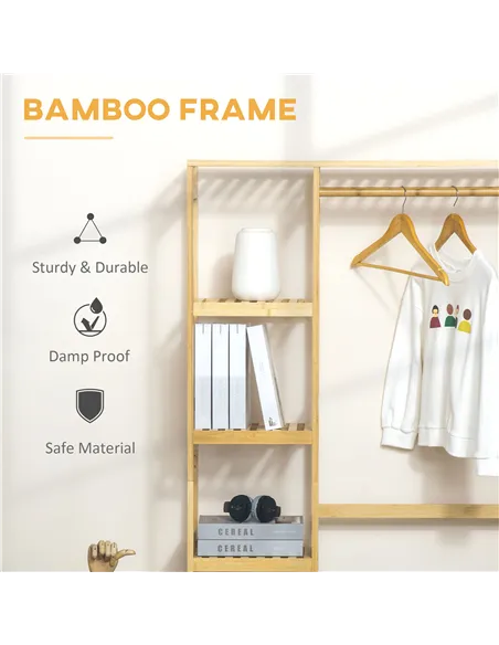 HOMCOM Bamboo Garment Rack, Clothes Rack with Storage Shelf, Hanging Rail and Side Hooks for Entryway, Bedroom, Bathroom and Off