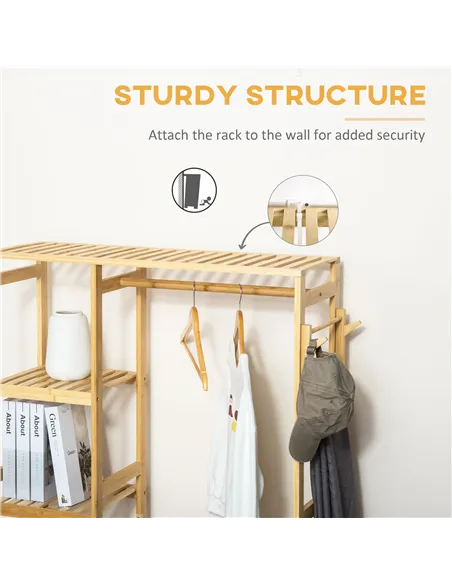 HOMCOM Bamboo Garment Rack, Clothes Rack with Storage Shelf, Hanging Rail and Side Hooks for Entryway, Bedroom, Bathroom and Off