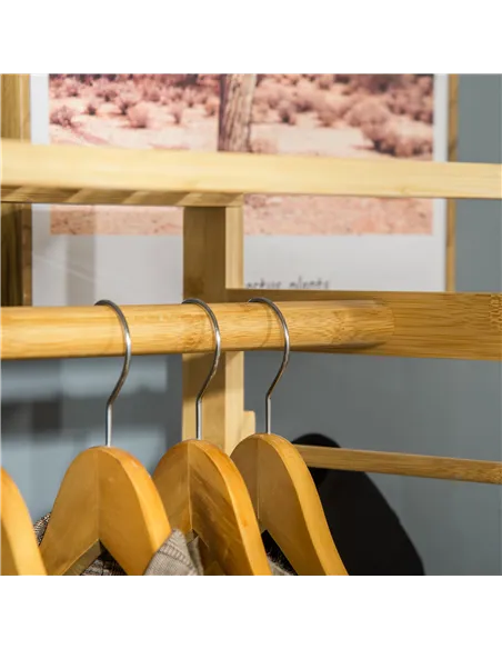 HOMCOM Bamboo Garment Rack, Clothes Rack with Storage Shelf, Hanging Rail and Side Hooks for Entryway, Bedroom, Bathroom and Off