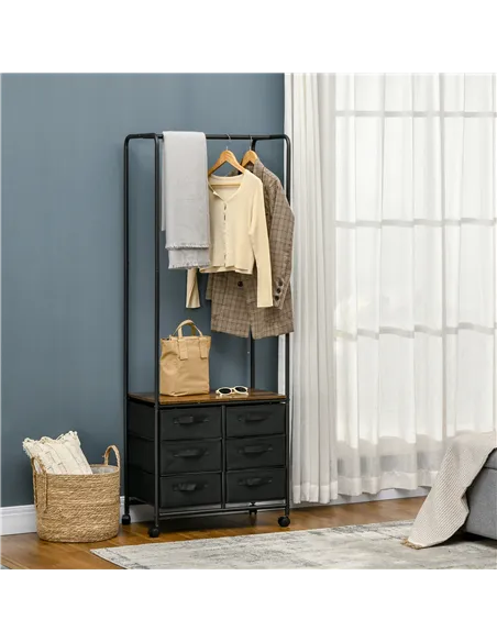HOMCOM Industrial Hanging Clothes Rail, Clothes Rack with 6 Fabric Drawers, Open Wardrobe Organiser for Hallway, Bedroom and Clo