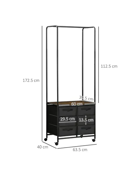HOMCOM Industrial Hanging Clothes Rail, Clothes Rack with 6 Fabric Drawers, Open Wardrobe Organiser for Hallway, Bedroom and Clo