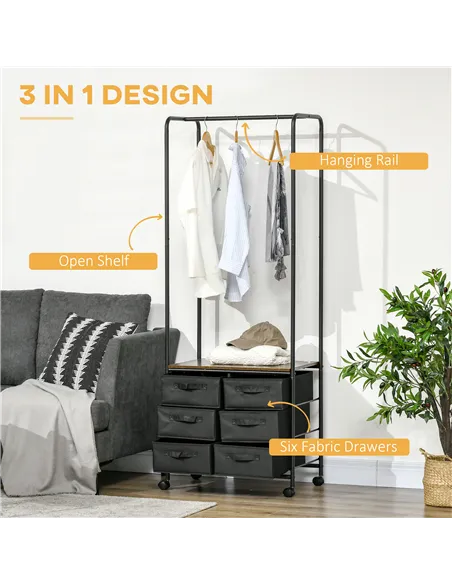HOMCOM Industrial Hanging Clothes Rail, Clothes Rack with 6 Fabric Drawers, Open Wardrobe Organiser for Hallway, Bedroom and Clo