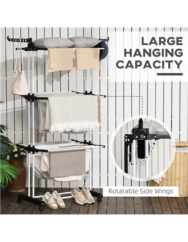 HOMCOM Foldable Clothes Drying Rack, 4-Tier Steel Garment Laundry Rack with Castors for Indoor and Outdoor Use, Black