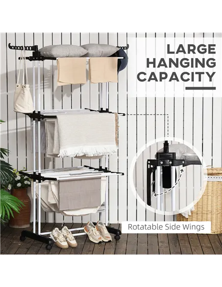 HOMCOM Foldable Clothes Drying Rack, 4-Tier Steel Garment Laundry Rack with Castors for Indoor and Outdoor Use, Black