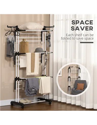 HOMCOM Foldable Clothes Drying Rack, 4-Tier Steel Garment Laundry Rack with Castors for Indoor and Outdoor Use, Black