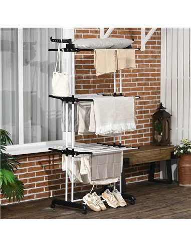 HOMCOM Foldable Clothes Drying Rack, 4-Tier Steel Garment Laundry Rack with Castors for Indoor and Outdoor Use, Black