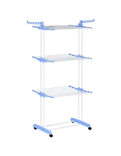 HOMCOM Foldable Clothes Drying Rack, 4-Tier Steel Garment Laundry Rack with Castors for Indoor and Outdoor Use, Blue