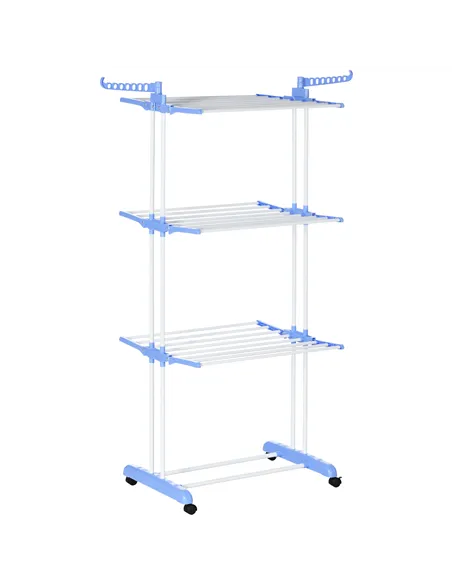 HOMCOM Foldable Clothes Drying Rack, 4-Tier Steel Garment Laundry Rack with Castors for Indoor and Outdoor Use, Blue