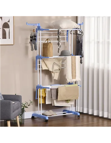 HOMCOM Foldable Clothes Drying Rack, 4-Tier Steel Garment Laundry Rack with Castors for Indoor and Outdoor Use, Blue