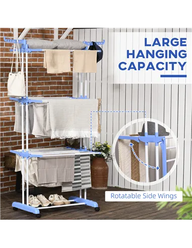 HOMCOM Foldable Clothes Drying Rack, 4-Tier Steel Garment Laundry Rack with Castors for Indoor and Outdoor Use, Blue