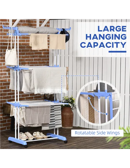HOMCOM Foldable Clothes Drying Rack, 4-Tier Steel Garment Laundry Rack with Castors for Indoor and Outdoor Use, Blue