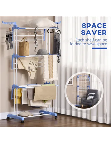 HOMCOM Foldable Clothes Drying Rack, 4-Tier Steel Garment Laundry Rack with Castors for Indoor and Outdoor Use, Blue