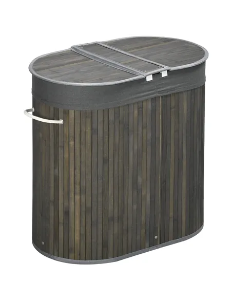 HOMCOM Bamboo Laundry Basket with Lid, 100 Litres Laundry Hamper with 2 Sections, Removable Washable Lining, Washing Baskets, 62