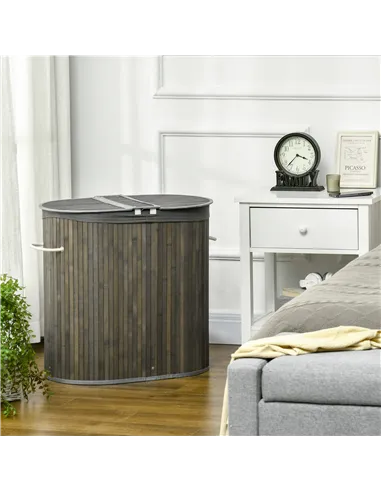 HOMCOM Bamboo Laundry Basket with Lid, 100 Litres Laundry Hamper with 2 Sections, Removable Washable Lining, Washing Baskets, 62