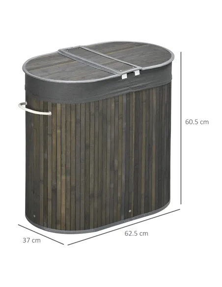 HOMCOM Bamboo Laundry Basket with Lid, 100 Litres Laundry Hamper with 2 Sections, Removable Washable Lining, Washing Baskets, 62