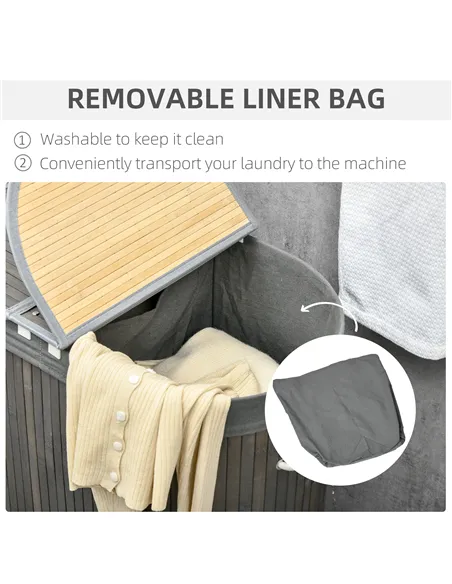 HOMCOM Bamboo Laundry Basket with Lid, 100 Litres Laundry Hamper with 2 Sections, Removable Washable Lining, Washing Baskets, 62