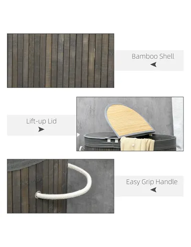 HOMCOM Bamboo Laundry Basket with Lid, 100 Litres Laundry Hamper with 2 Sections, Removable Washable Lining, Washing Baskets, 62