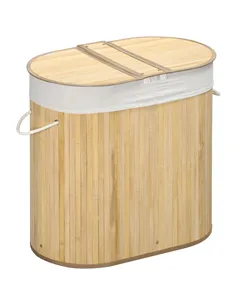 HOMCOM Bamboo Laundry Basket with Lid, 100 Litres Laundry Hamper with 2 Sections, Removable Washable Lining, Washing Baskets, 62