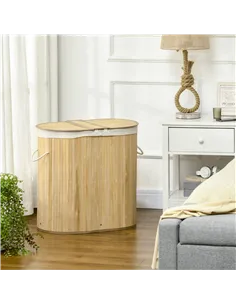 HOMCOM Bamboo Laundry Basket with Lid, 100 Litres Laundry Hamper with 2 Sections, Removable Washable Lining, Washing Baskets, 62 2