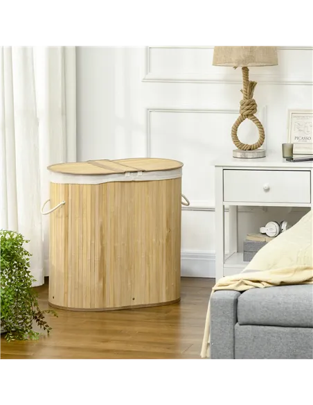 HOMCOM Bamboo Laundry Basket with Lid, 100 Litres Laundry Hamper with 2 Sections, Removable Washable Lining, Washing Baskets, 62